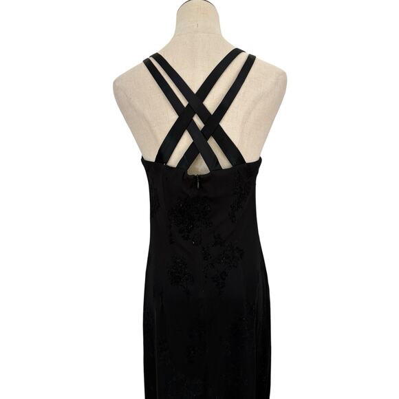 Vtg 90s CDC Black Flocked‎ Velvet Dress Floral Glitter Gown Crisscross 8 Goth - Picture 6 of 7